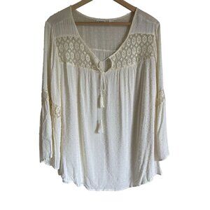 Cato Swiss Dot Ivory Peasant Top Crochet Lace Yoke Tassel Tie Size 18/20 Boho Bo